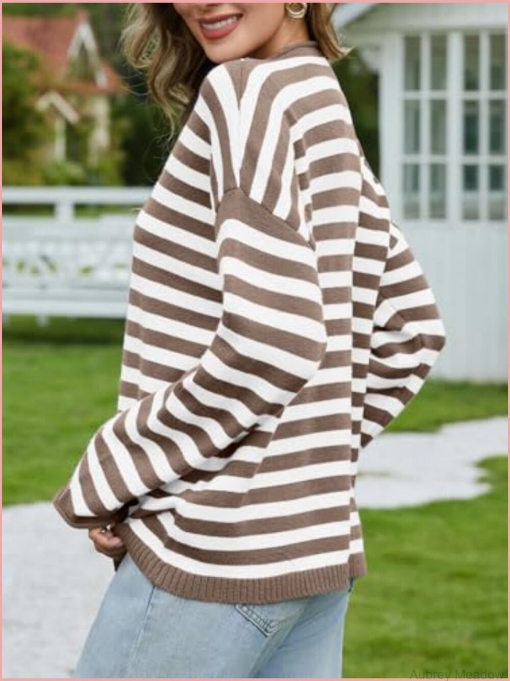 Button Down Striped Knit Cardigan Sweater Open Front Long Sleeve Loose Fit - Picture 4 of 7